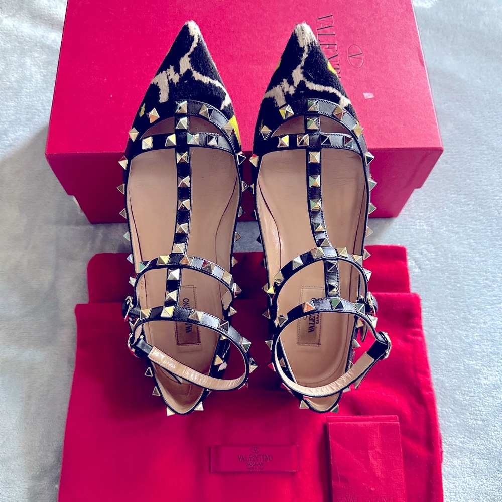 Valentino Leopard animal Print Rockstud Caged Ballet Flats 38.5 - Rare!